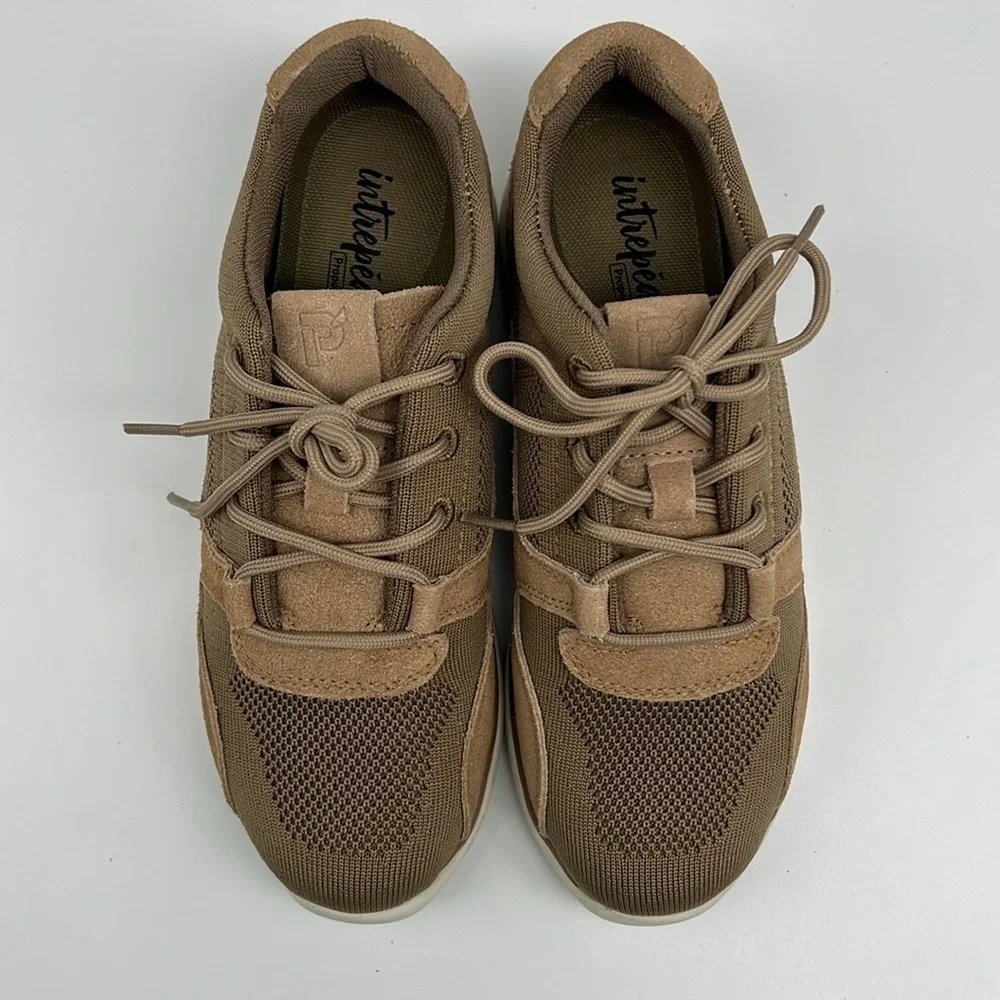 Propet Sarah Oxford Sneaker Flax Tan Knit Orthotic Comfort Walking 7AA NARROW
